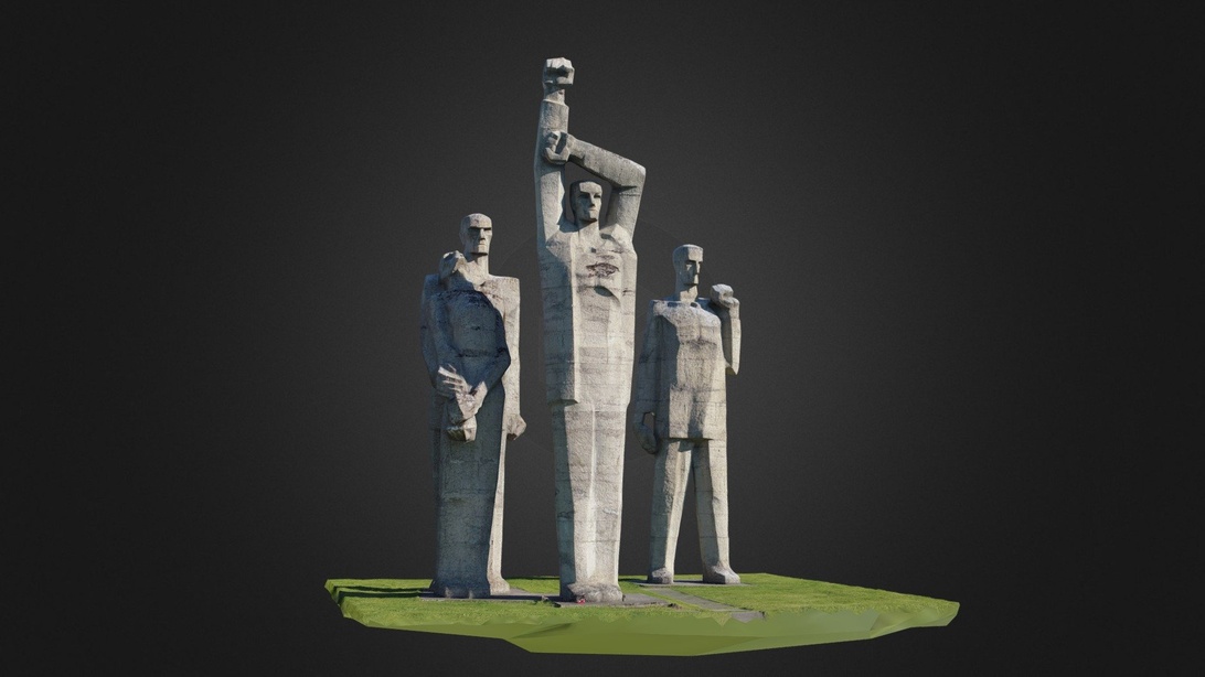 En monumental betongskulptur med tre stiliserte menneskefigurer i en heroisk, sosialrealistisk stil.